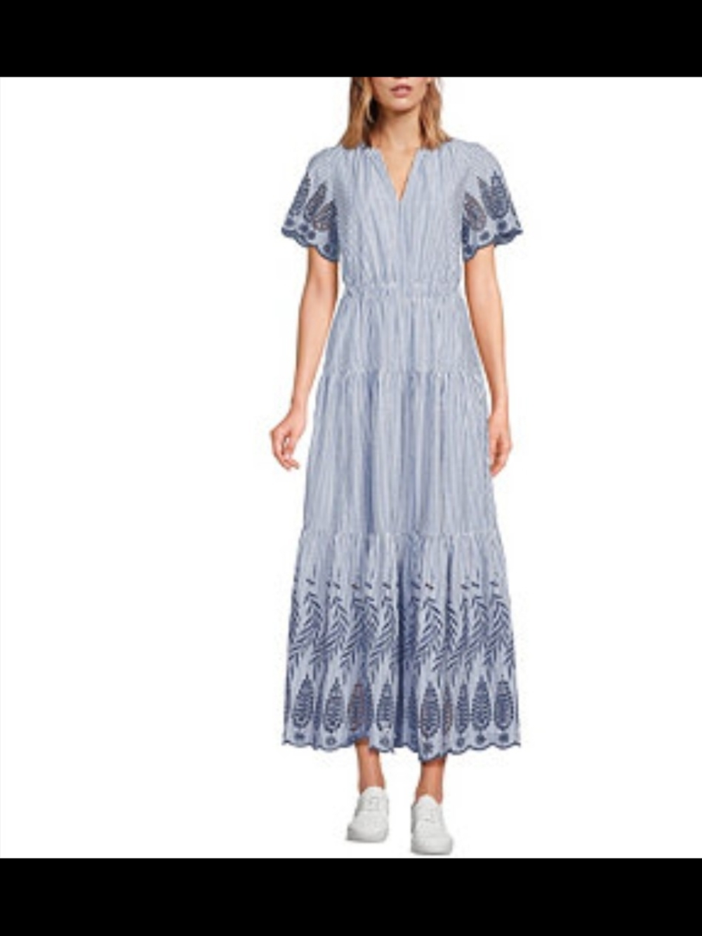 Lands' End Blue Tiered Cotton Poplin Eyelet Maxi Dress Size Small